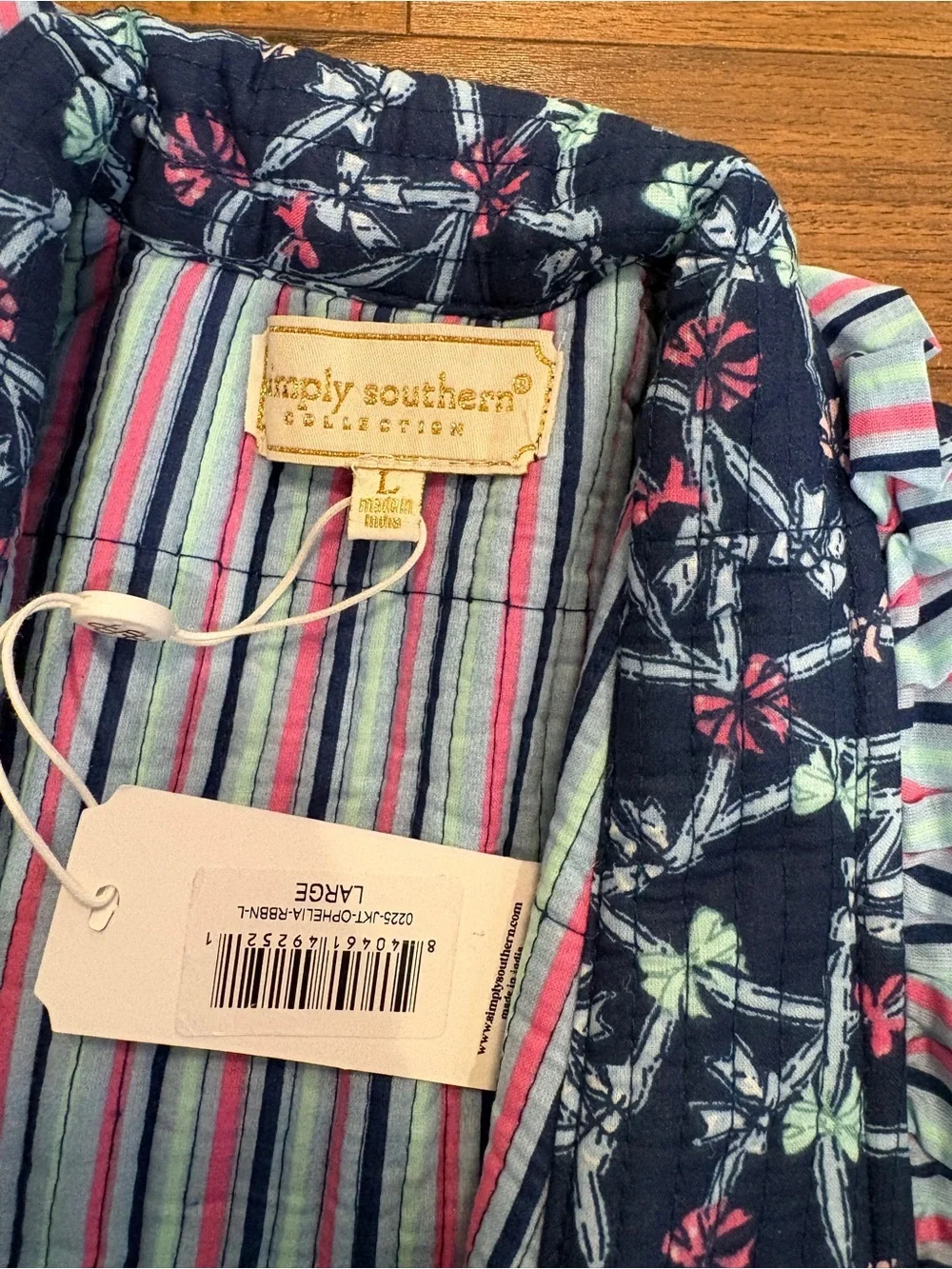 Simply Southern Ophelia Ribbon Quilted Jacket L Navy Blue Striped Tie Front NWT